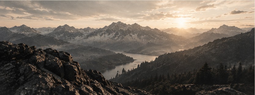 A mountain valley with a river winding through it at sunrise