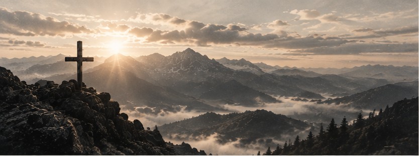 A cross on a mountain summit at sunrise