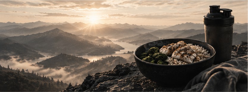 A bowl of whole-food protein and a shaker bottle overlooking mountains