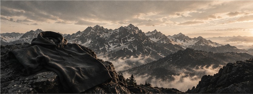 A BuiltBasix hoodie resting on a rock overlooking mountains