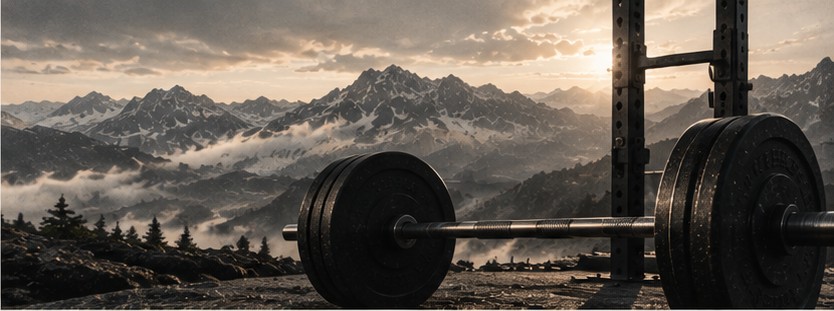 A barbell and squat rack overlooking a mountain range at sunrise