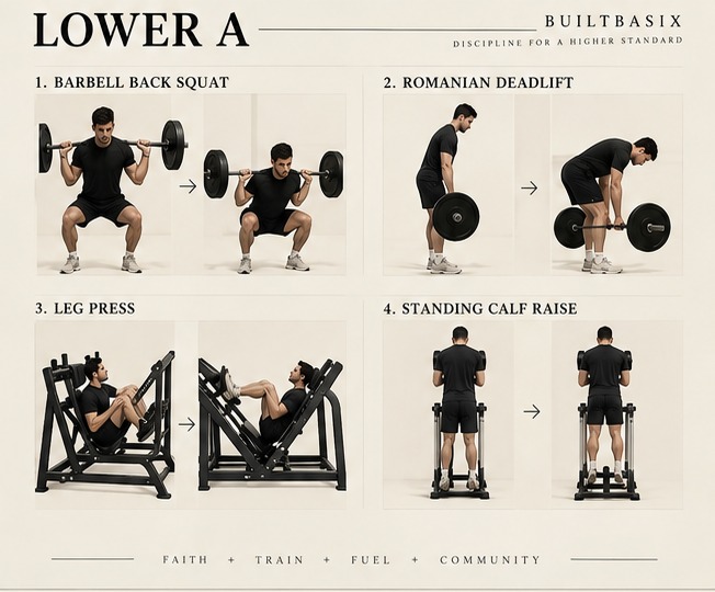 Lower A exercise sequence: barbell back squat, Romanian deadlift, leg press, and standing calf raise