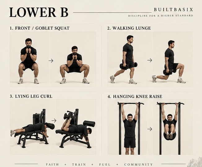 Lower B exercise sequence: front or goblet squat, walking lunge, lying leg curl, and hanging knee raise