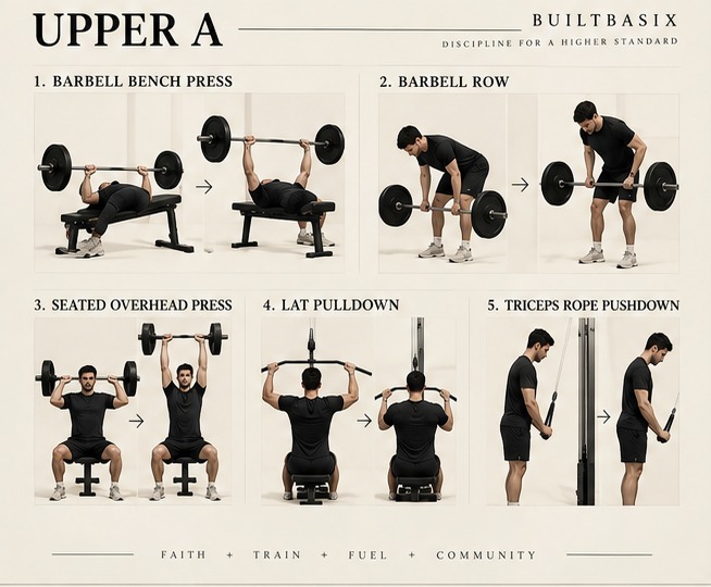 Upper A exercise sequence: barbell bench press, barbell row, seated overhead press, lat pulldown, and triceps rope pushdown
