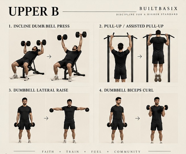 Upper B exercise sequence: incline dumbbell press, pull-up or assisted pull-up, dumbbell lateral raise, and dumbbell biceps curl